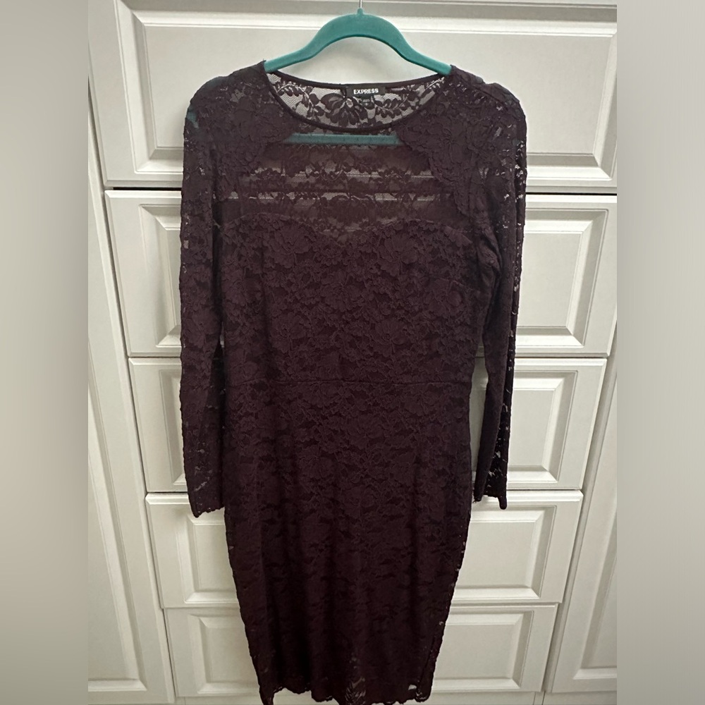 Express Plum lace long sleeve body con dress